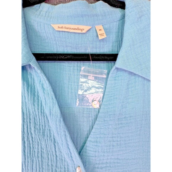 Soft Surroundings 2X Blue Button Front Textured Gauze Top Long Sleeve Tunic - Picture 3 of 11